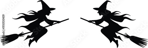 Two black witch silhouettes flying on broomsticks, Halloween magic character, spooky female wizard, mystical occult vector, isolated fantasy illustration.