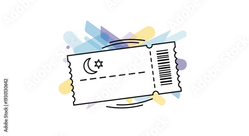 Islamic crescent moon and star on a ticket stub, abstract colorful background