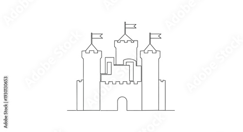 Simple line art castle drawing with flags and towers