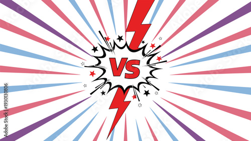 Versus sign in comic book style with lightning bolts and stars on a sunburst background representing competition or fight.