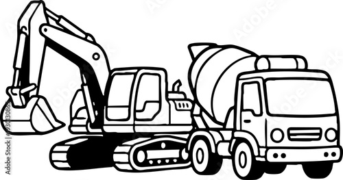 Heavy Construction Vehicles Line Art Illustration