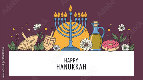 Happy Hanukkah celebration banner with a blue menorah, dreidel, oil jug, pink donut, and flowers on a dark purple background.