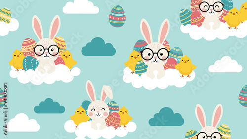 Easter bunny pattern featuring cute rabbits with glasses and yellow chicks sitting on white clouds with colorful decorated eggs.