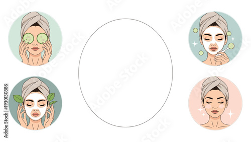 Skincare routine illustrations showing a woman applying various facial masks and cucumber slices for beauty and wellness concepts.