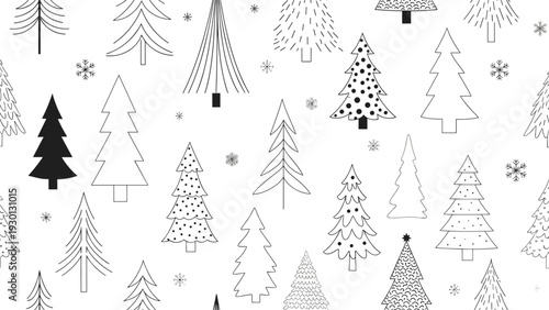 Minimalist seamless pattern of hand drawn Christmas trees in different styles and small snowflakes on a plain white background.