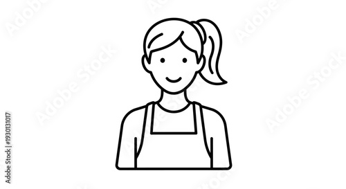 Smiling woman in apron line art icon with ponytail