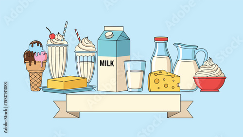 Dairy product assortment including milk, ice cream, milkshake, cheese, butter, yogurt, and a blank ribbon for custom text.