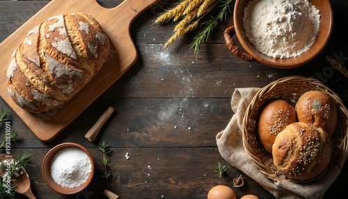 Rustic flat lay features crusty artisan bread loaves and rolls on wood table. Ingredients like flour eggs and rosemary suggest baking. A warm cozy scene.