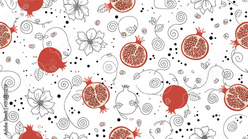 Seamless pattern of red pomegranates with seeds and delicate floral sketches for healthy food and organic fruit design concepts.