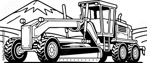 Motor Grader Construction Vehicle Black and White Vector Illustration