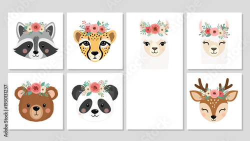 Set of cute animal faces including a raccoon, cheetah, llama, bear, panda, and deer wearing beautiful floral crowns.