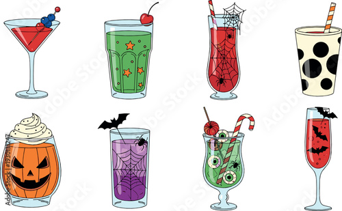 Halloween cocktail drinks vector set with spooky beverages, pumpkin glass, bat and festive party illustration