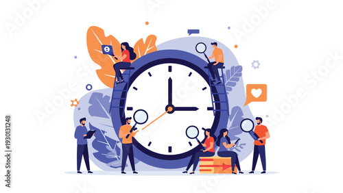 Group of people working efficiently around a giant clock representing time management, deadlines, and workplace productivity.