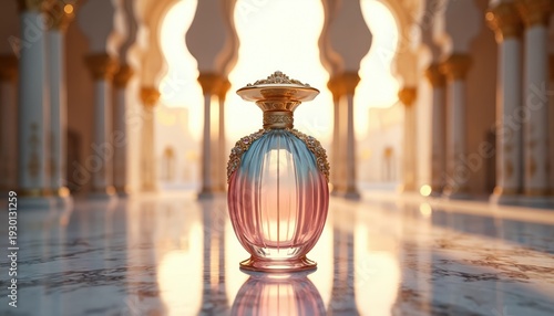Glass perfume bottle with gold trim sits on marble floor. Ornate structure with arches and columns creates luxurious ambiance. Soft light highlights elegant container.