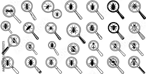 Pest Control Concept: Hand-Drawn Insects Under Magnifying Glasses