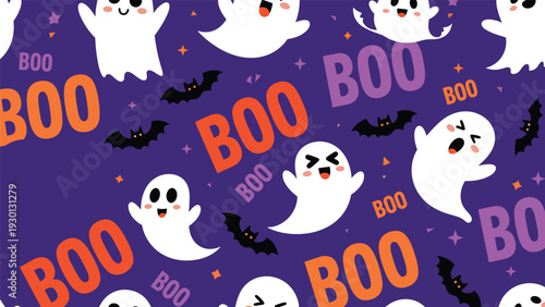 Halloween pattern with cute white ghosts, black bats, and the word boo in orange and purple on a dark starry background.