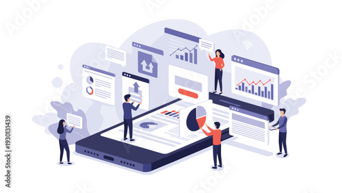 People working on mobile application development and data analytics on a giant smartphone screen for a technology concept.