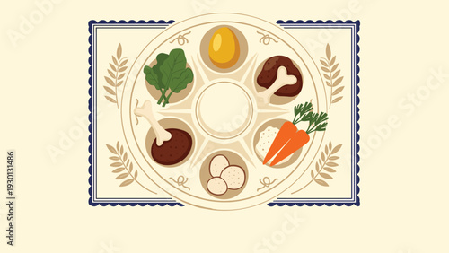 Traditional jewish passover seder plate with ceremonial foods including egg and shank bone on a decorative blue and white placemat.