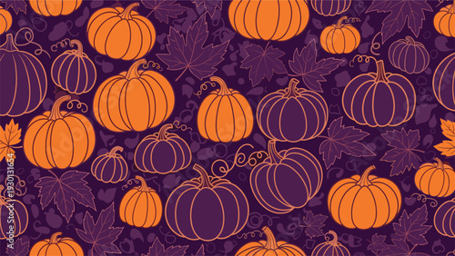 Autumn themed seamless pattern with orange and purple pumpkins and maple leaves on a dark textured background for seasonal decorations.