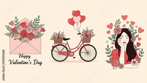 Romantic valentine's day collection featuring a flower filled envelope and a red bicycle with heart balloons and a woman among roses.