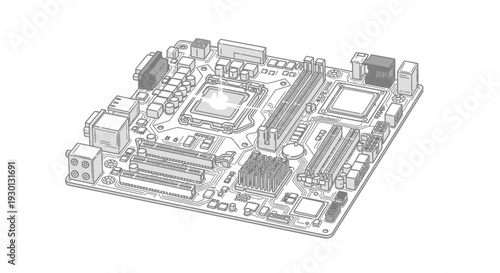 Computer Motherboard Diagram: Detailed Illustration of a Circuit Board with Components