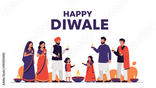 Happy diwali celebration showing an indian family in traditional dress holding diya oil lamps against a white background with text.