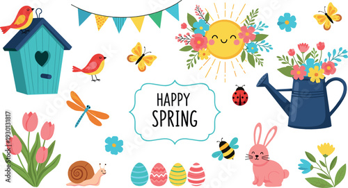 Happy spring vector illustration set with flowers, birds, bunny, watering can and Easter eggs in cute cartoon style