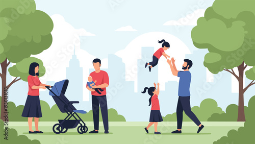 Happy families spending time in a city park with green trees and a skyscraper skyline under a bright sunny sky for leisure.