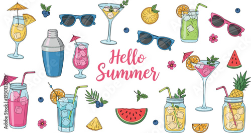 Hello Summer cocktail set with tropical drinks, sunglasses and fresh fruit illustration