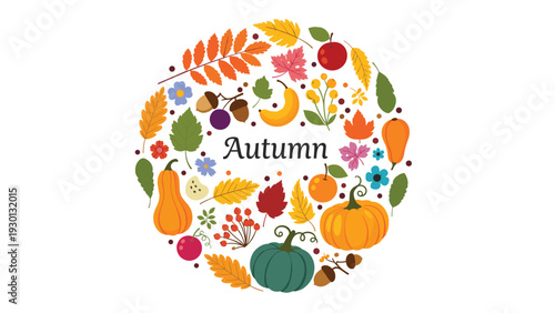 Round autumn wreath composed of colorful fall leaves and pumpkins and acorns and berries with elegant autumn text in the center.