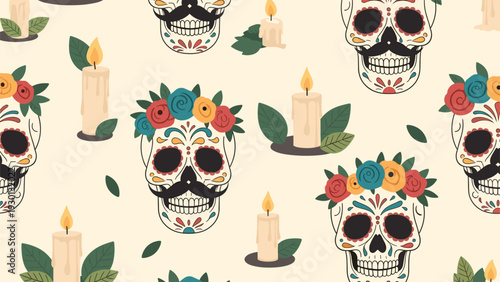 Dia de los muertos seamless pattern featuring traditional sugar skulls with flower crowns and burning candles on light yellow.