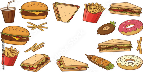Hand Drawn Fast Food Vector Set with Burgers, Sandwiches, French Fries, Donuts and Soft Drink Illustration