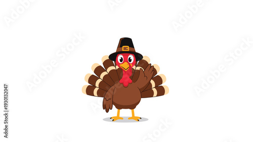 Friendly cartoon turkey character wearing a black pilgrim hat waving its wing for thanksgiving holiday celebration on white.