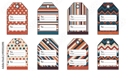 Set of eight decorative gift tags with various colorful geometric patterns like dots and stripes and chevrons for different occasions.