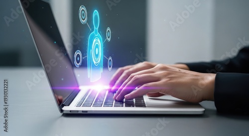 Close-up of business professional hands typing on a laptop keyboard to communicate online using modern technology in an office workspace
