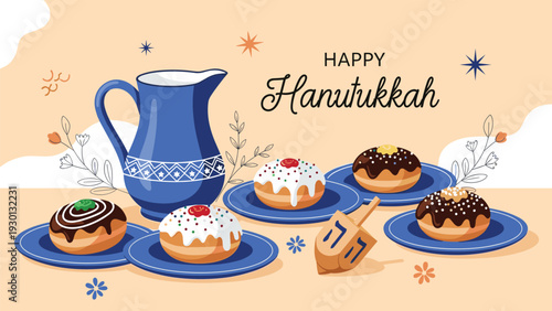 Traditional Hanukkah celebration display featuring various jelly doughnuts, a blue ceramic pitcher, and a wooden dreidel.