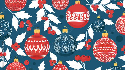 Seamless Christmas holiday pattern featuring decorative red and blue baubles with white holly leaves and red berries.