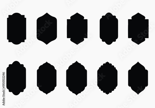 Set of black silhouettes islamic window frames and arabic arches for mosque decoration on transparent background