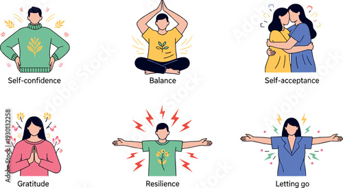 Mental health and personal growth vector illustration set with self confidence, balance, gratitude, resilience and self acceptance concepts