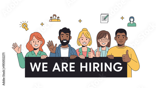 Diverse team of smiling employees holding a banner that says we are hiring to attract new talent for their company.