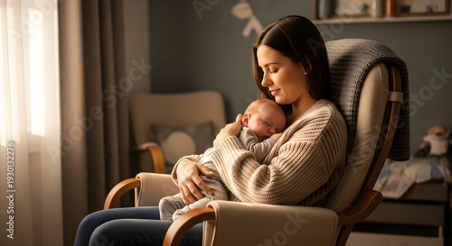 A young woman holding her infant tightly against her chest while sitting in a comfortable chair during a calm afternoon at home