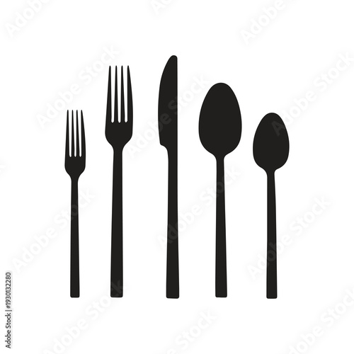 Elegant Table Setting Silhouettes: A sophisticated arrangement of silverware in striking black, presented against a clean backdrop, perfect for culinary and design-themed projects.