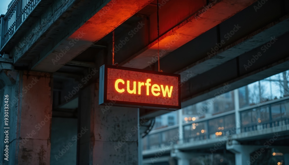 Fototapeta premium Digital sign glows curfew text under concrete bridge. Urban street warning alerts pedestrians. Red light illuminates industrial architecture at night. City restriction notice.