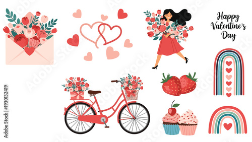 Comprehensive Valentine's Day clipart set featuring a girl with flowers, a bicycle, cupcakes, strawberries, and hearts.