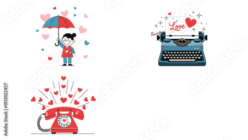 Romantic Valentine's Day illustrations featuring a girl with an umbrella, a vintage typewriter, and a red rotary phone.