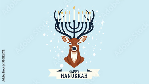 Conceptual Hanukkah illustration of a majestic deer head where the antlers form a menorah with burning candles.