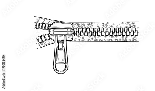 Vector Zipper Fastener Detailed CAD Sketch Zip Puller Lock Illustration