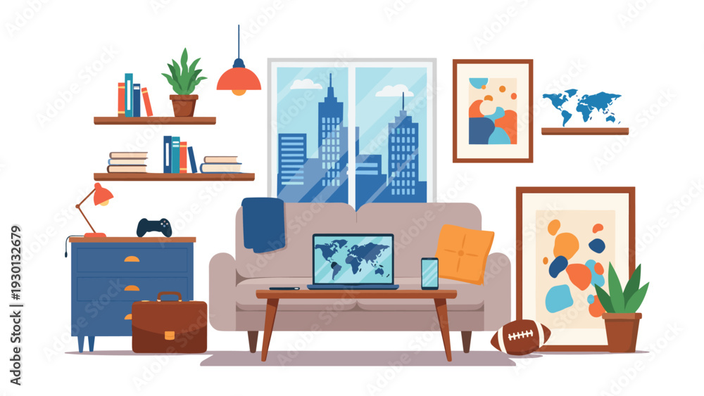 Fototapeta premium Modern living room interior design featuring a comfortable sofa, wall shelves with books, and city view through the window.