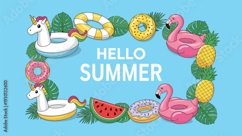 Fun summer pool party border with inflatable floats like a unicorn, flamingo, donuts, and fresh tropical fruit.