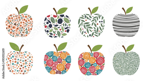 Collection of eight stylized apples featuring unique colorful patterns like flowers, leaves, stripes, and dots.